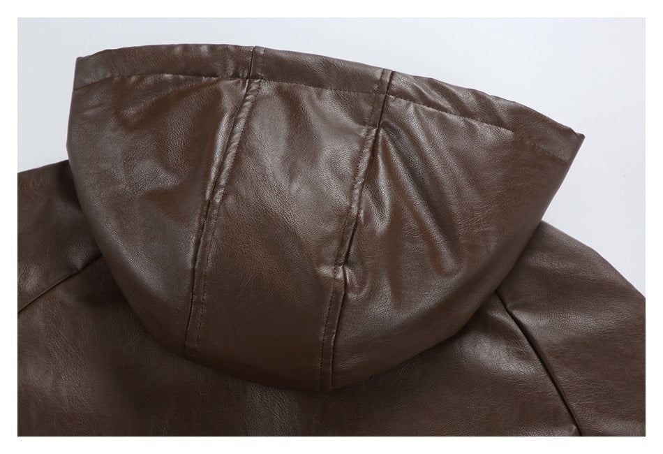 Close-up of the brown jacket's hood and stitched panels, viewed from behind.
