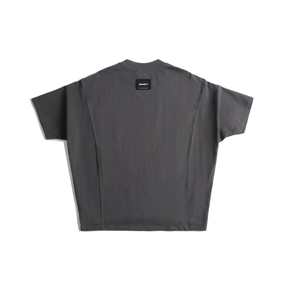 Gray short-sleeve T-shirt back view with curved panel seams, high ribbed neck and small black label