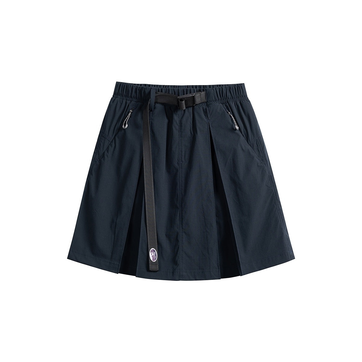 Dark navy pleated A-line mini skirt with elastic waist, black belt with buckle and zippered pockets
