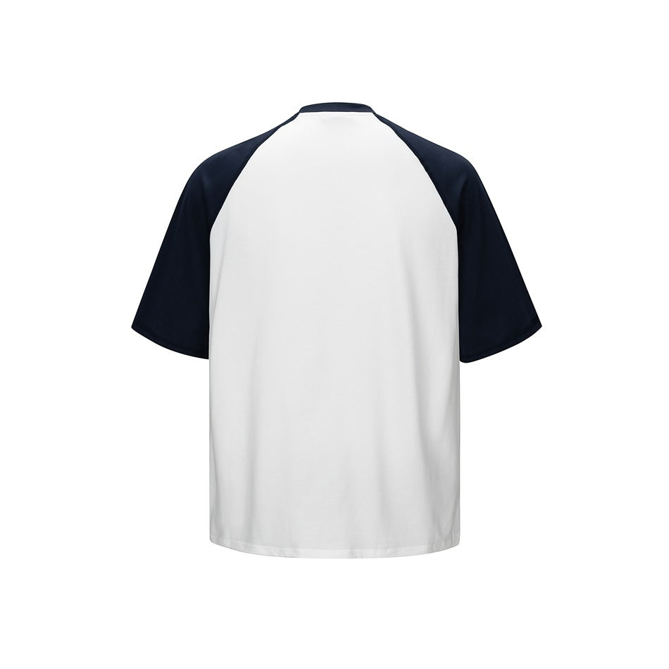 Back of a white T-shirt with navy raglan sleeves and navy back neckline on a white background