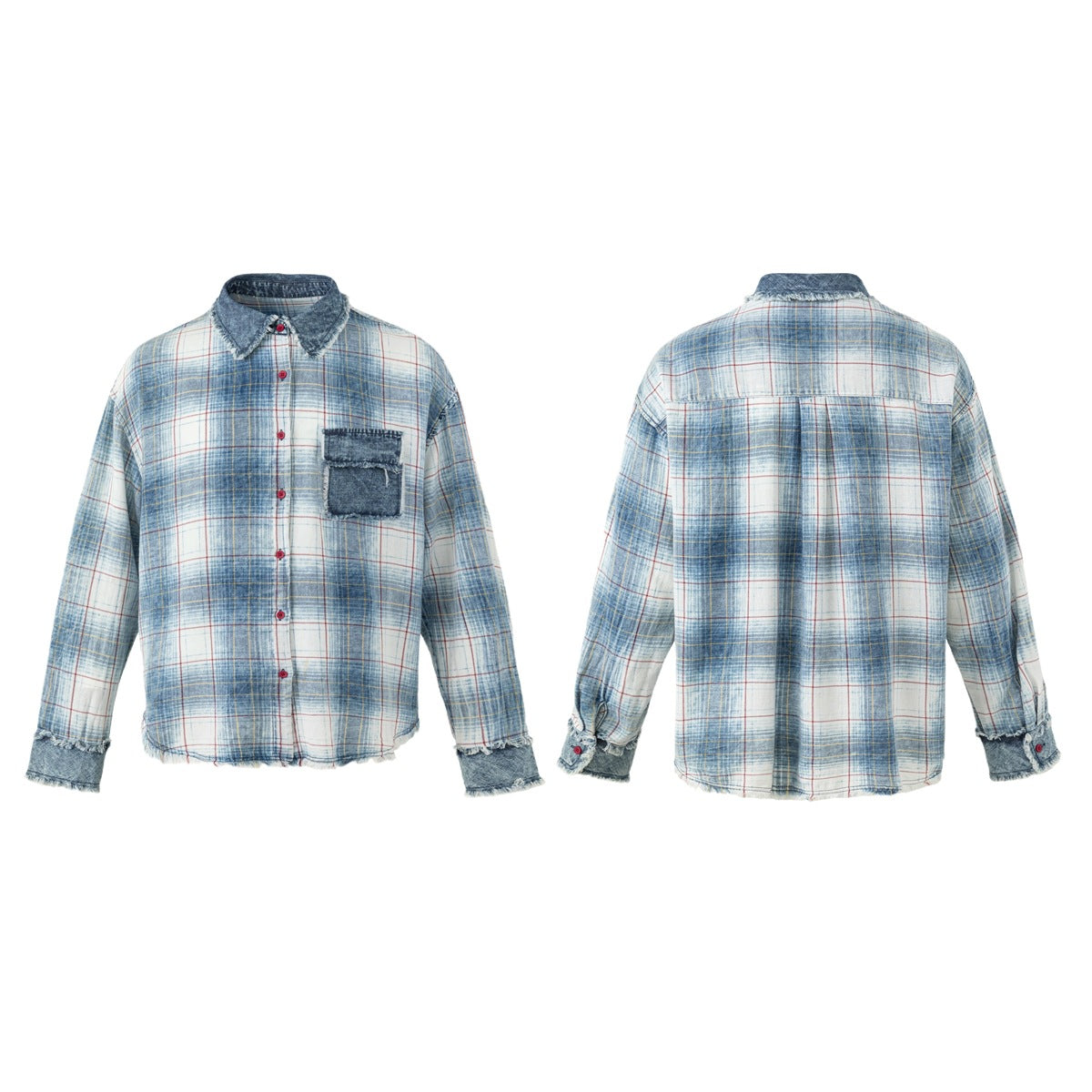 Blue-and-white plaid shirt shown from the front and back, with a dark denim chest pocket, red buttons, and frayed trim.
