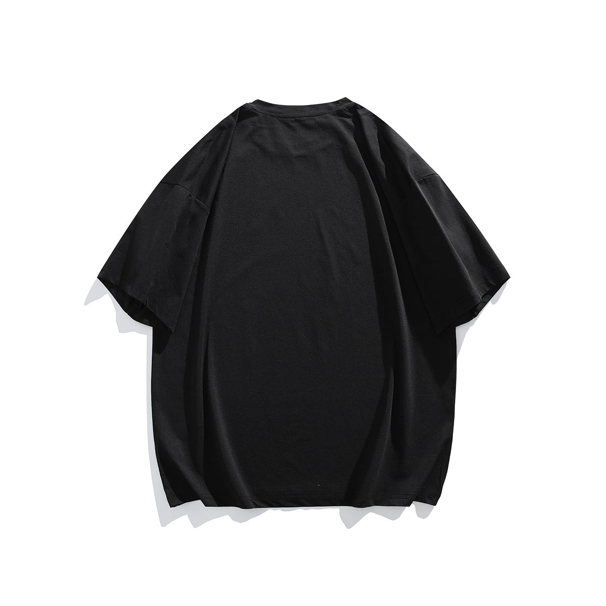 Black short-sleeve crew neck T-shirt, flat lay back view