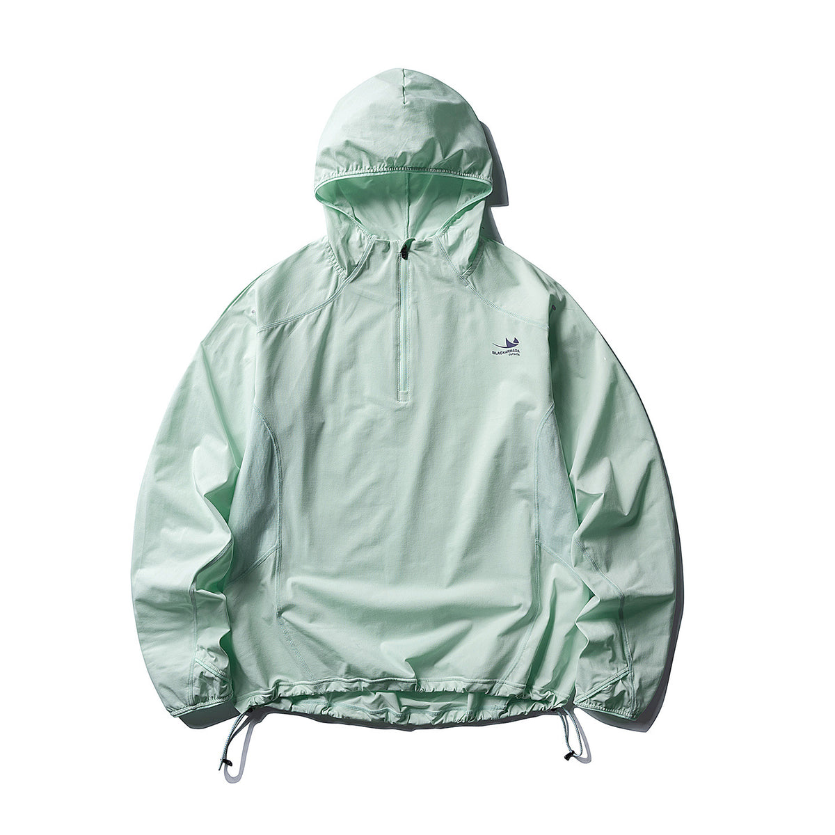 Light aqua green hooded half-zip jacket, flat front view, with drawstring hem and side mesh panels
