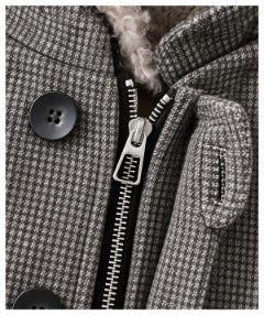 Close-up of the jacket's micro-check fabric, black button, zipper, and buttoned front flap.