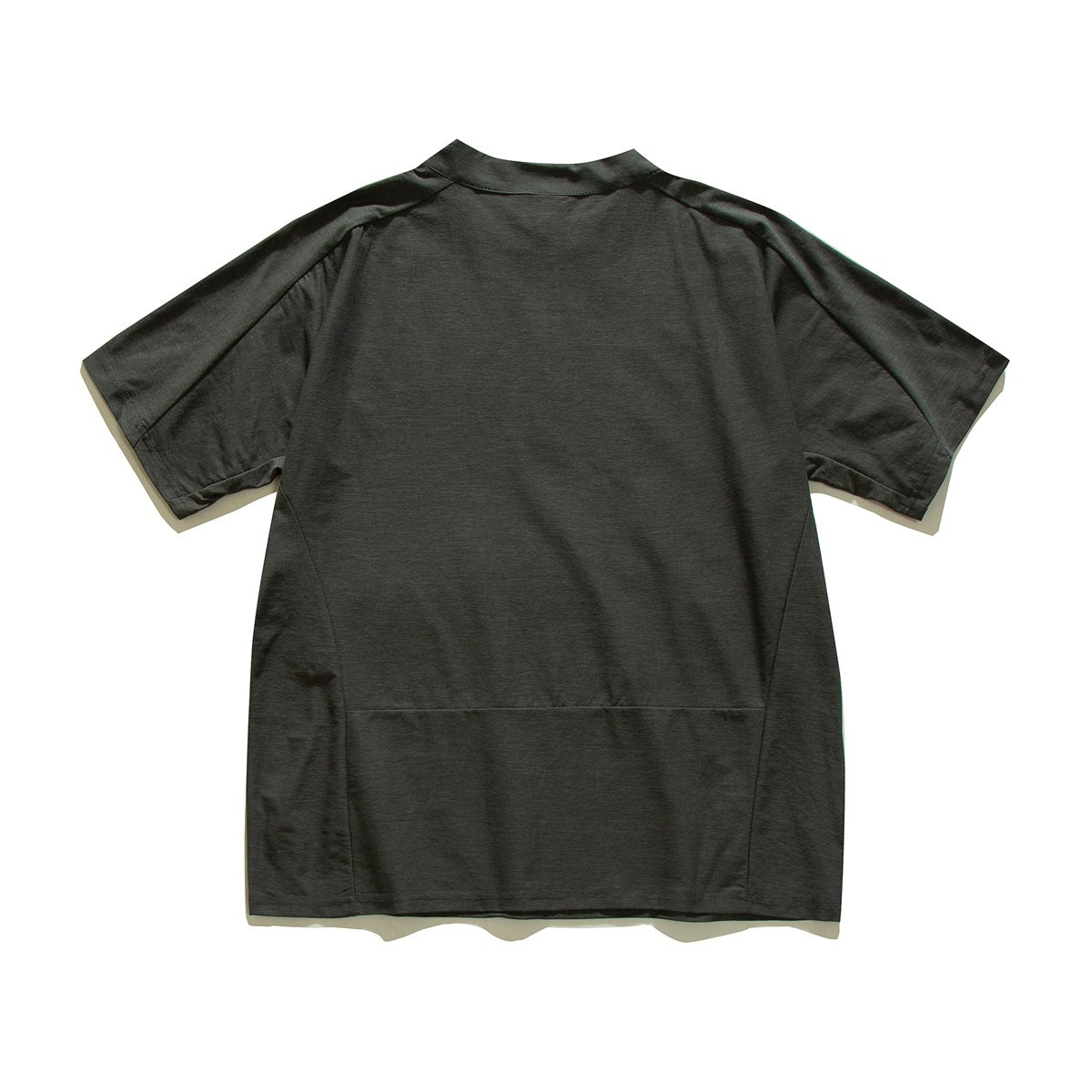 Back view of a charcoal short-sleeve shirt with a short stand collar and panel seams.