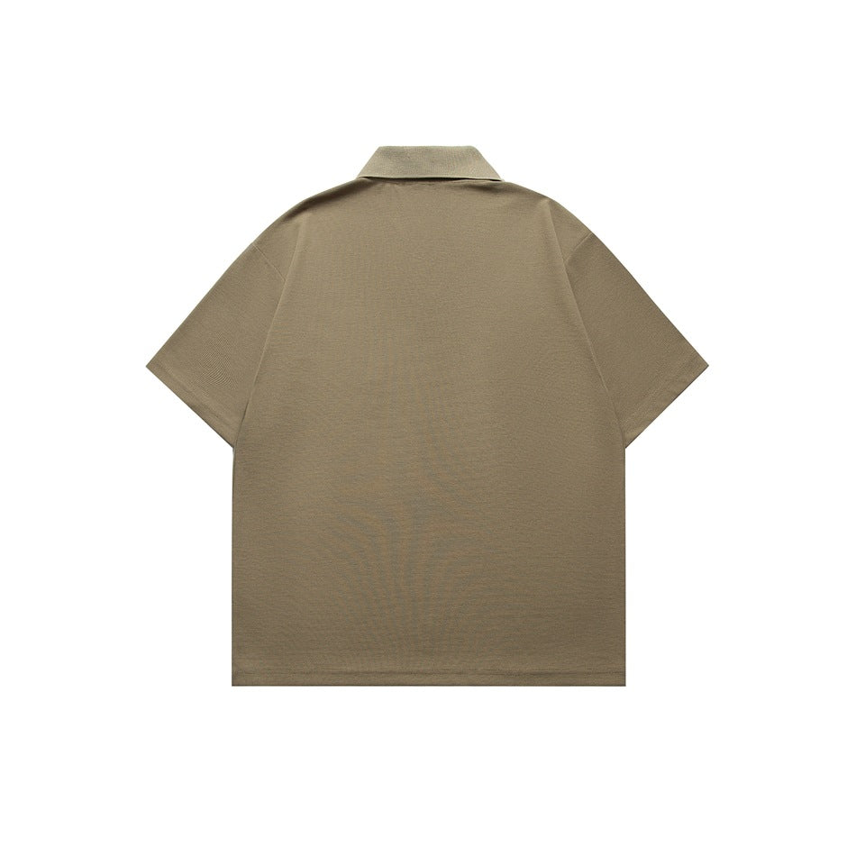 Back view of a plain taupe short-sleeve polo shirt with a collar.