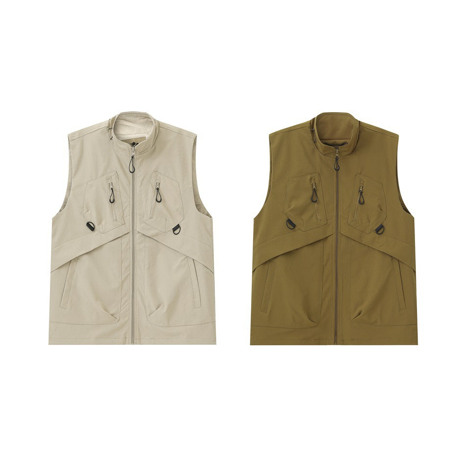 Two sleeveless zip-front utility vests shown from the front in light beige and olive brown.