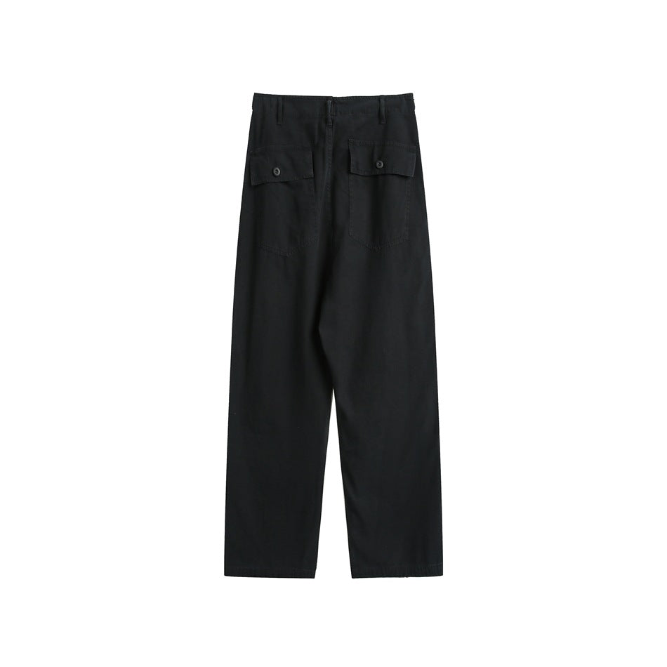 Full-length black trousers shown from the back, with two button-flap patch pockets and straight legs.