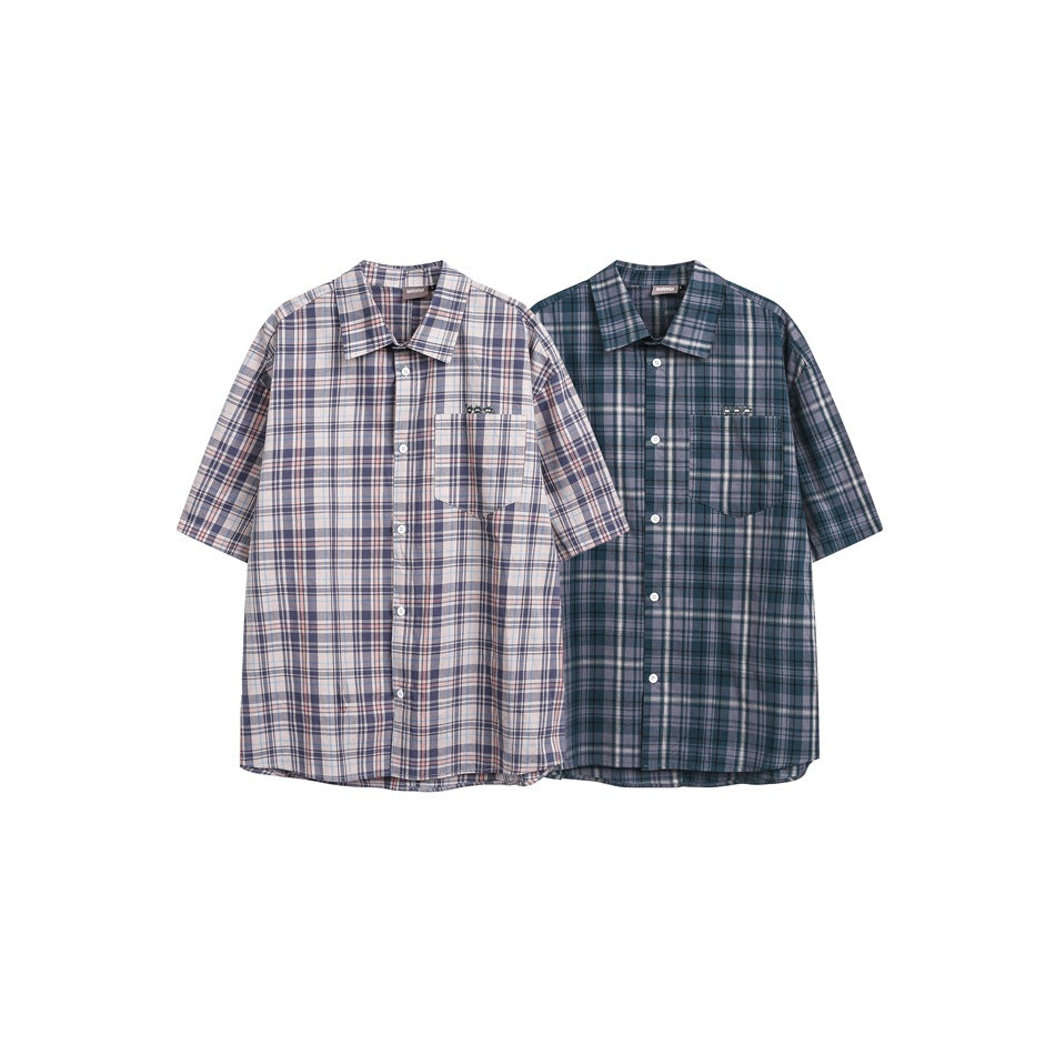 Two short-sleeve button-up plaid shirts shown from the front in pale and dark colorways.