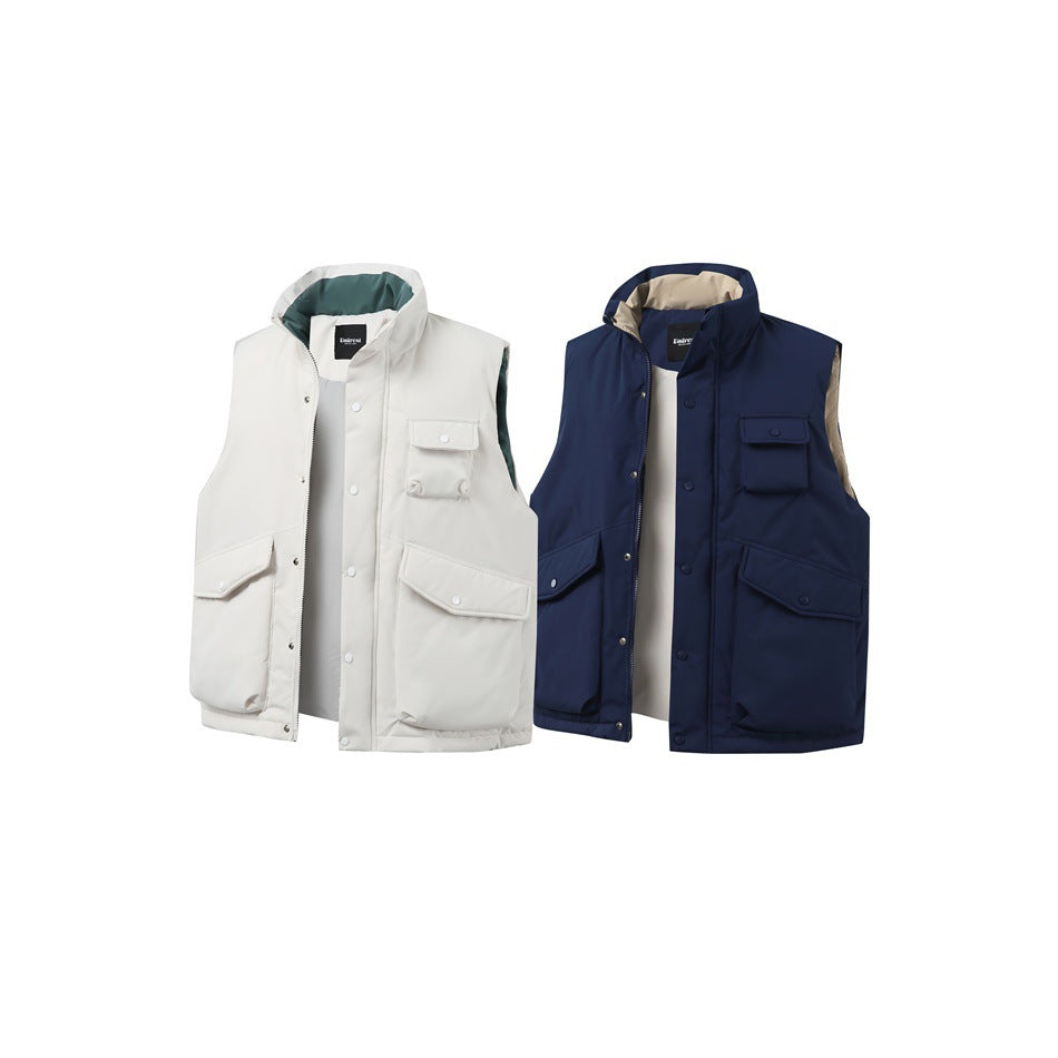 Front view of sleeveless utility vests in ivory with teal lining and navy with beige lining, each with multiple pockets.