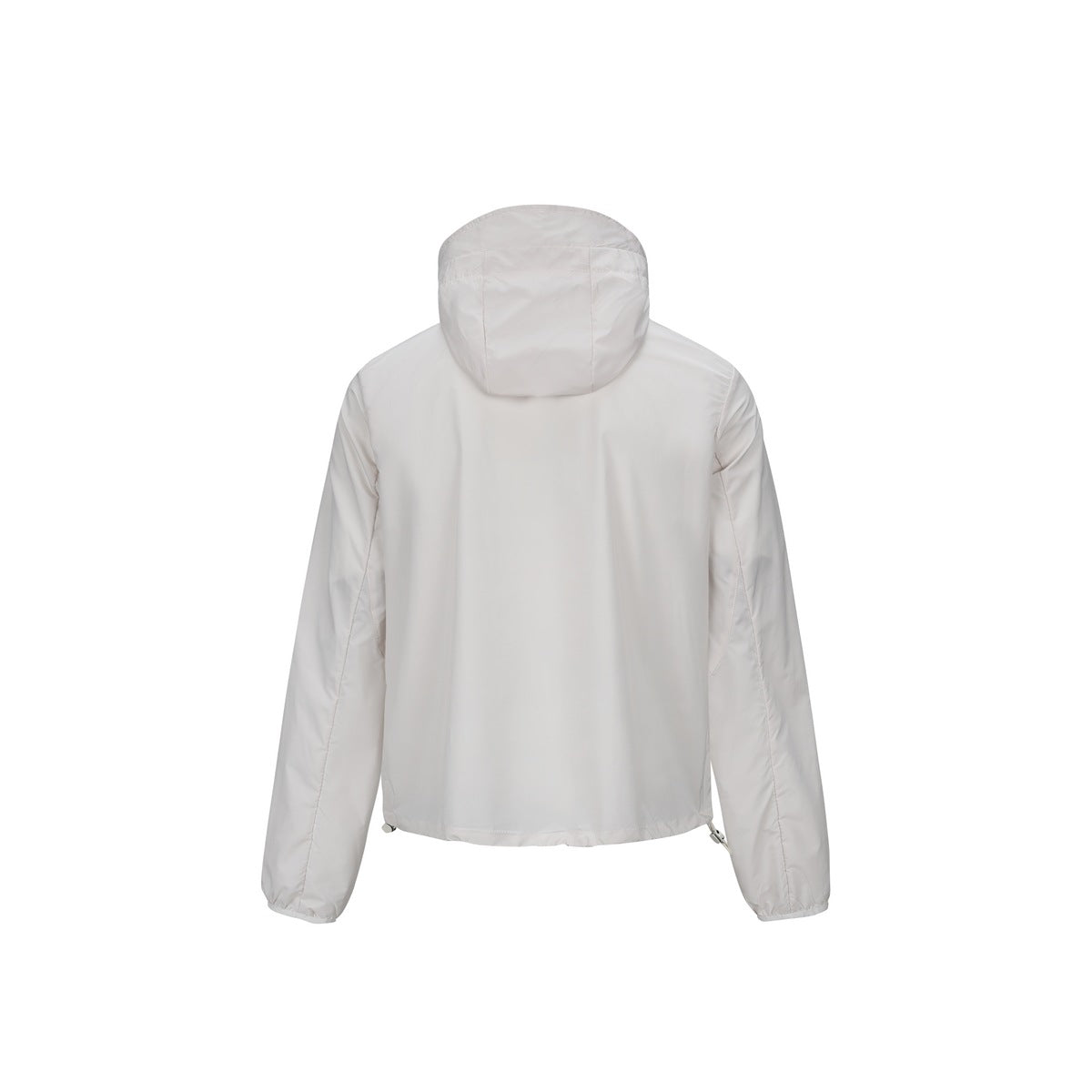 Back view of light gray hooded jacket with plain back panel, hood and toggled hem