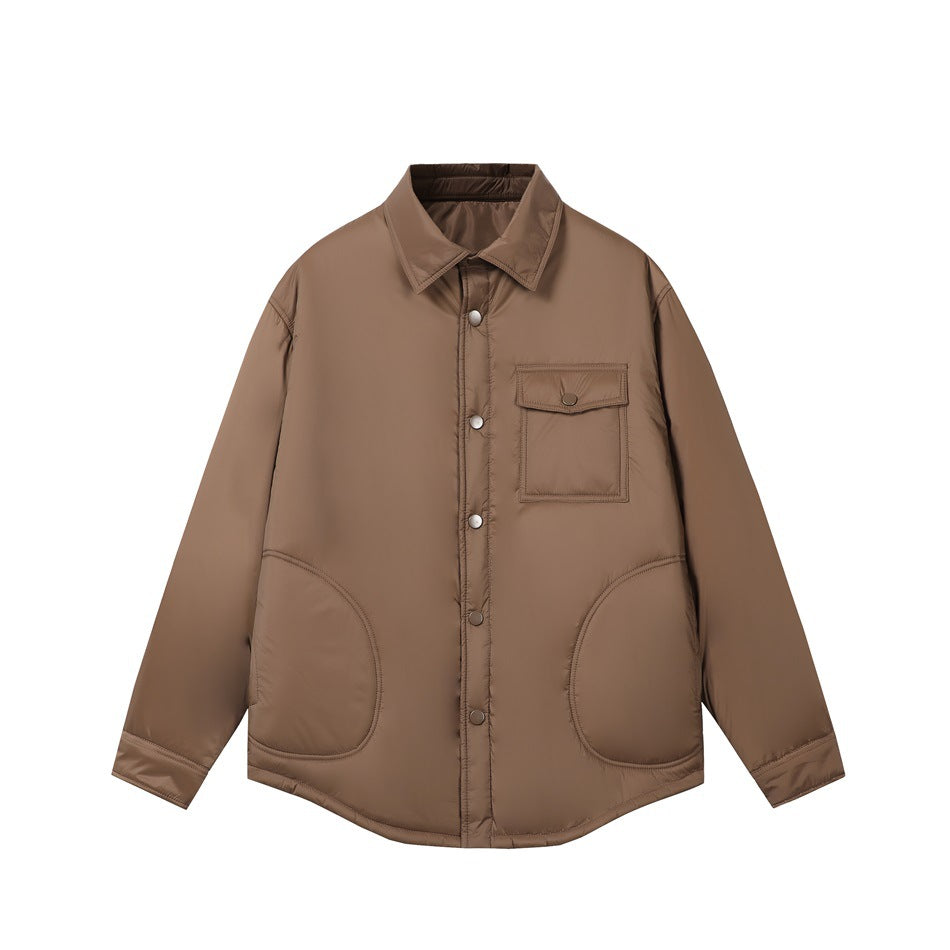 Brown quilted shirt-style jacket with snap front, chest flap pocket and two rounded lower pockets, flat lay
