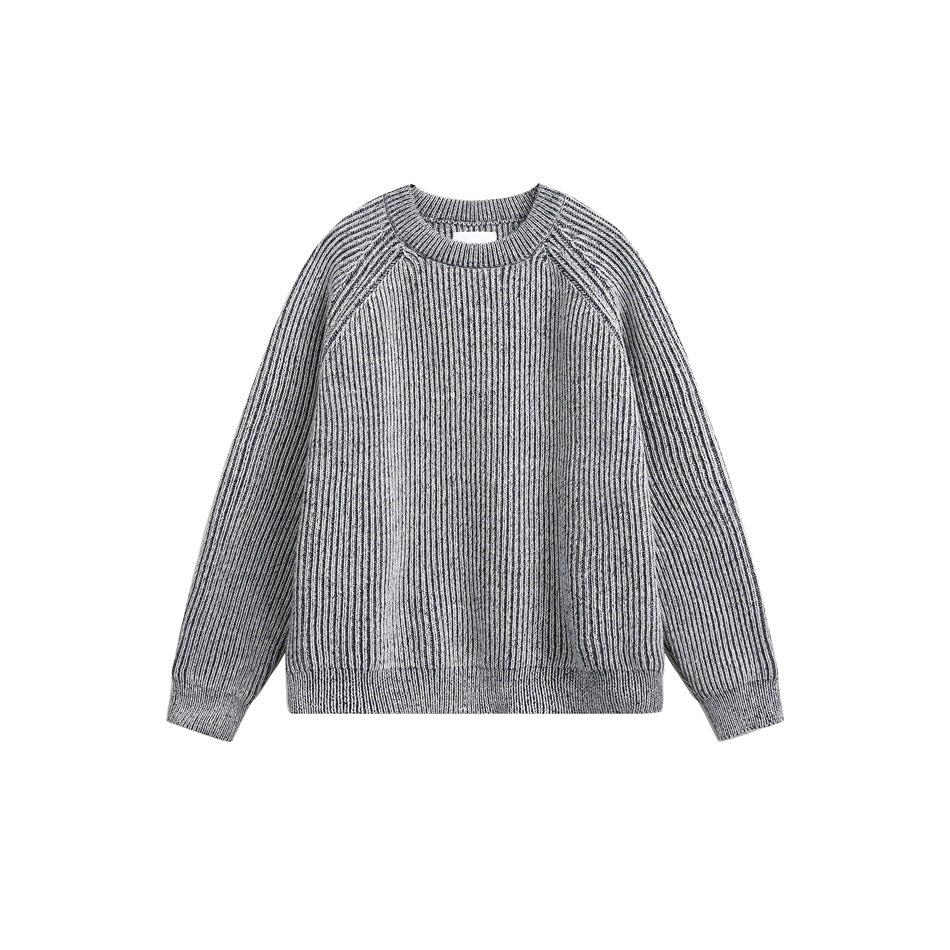 Light gray marled rib-knit crewneck sweater with raglan sleeves, flat front view on white background