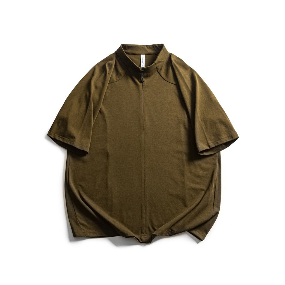 Brown short-sleeve stand-collar T-shirt with front zip, flat lay
