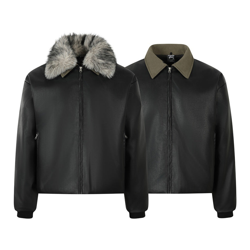 Two front views of a black zip jacket, showing a gray faux-fur collar and an olive pointed collar.