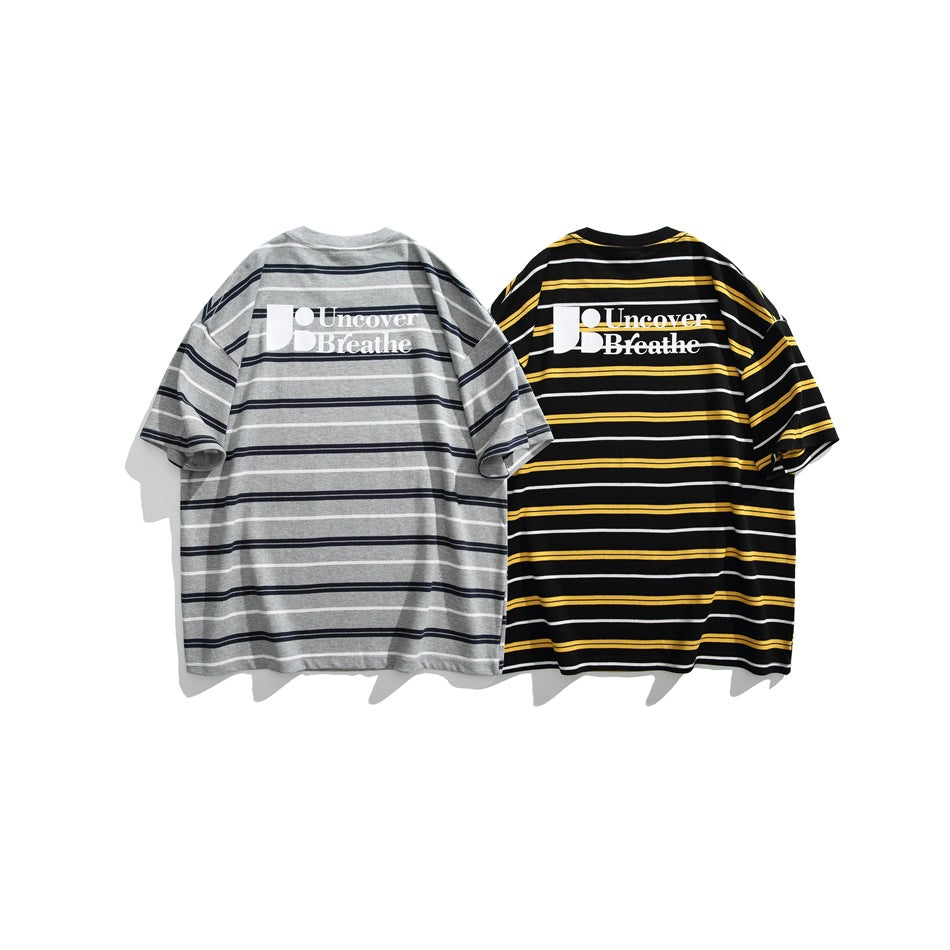 Two short-sleeve striped T-shirts shown from the back: one gray and one black with yellow and white stripes; both have white