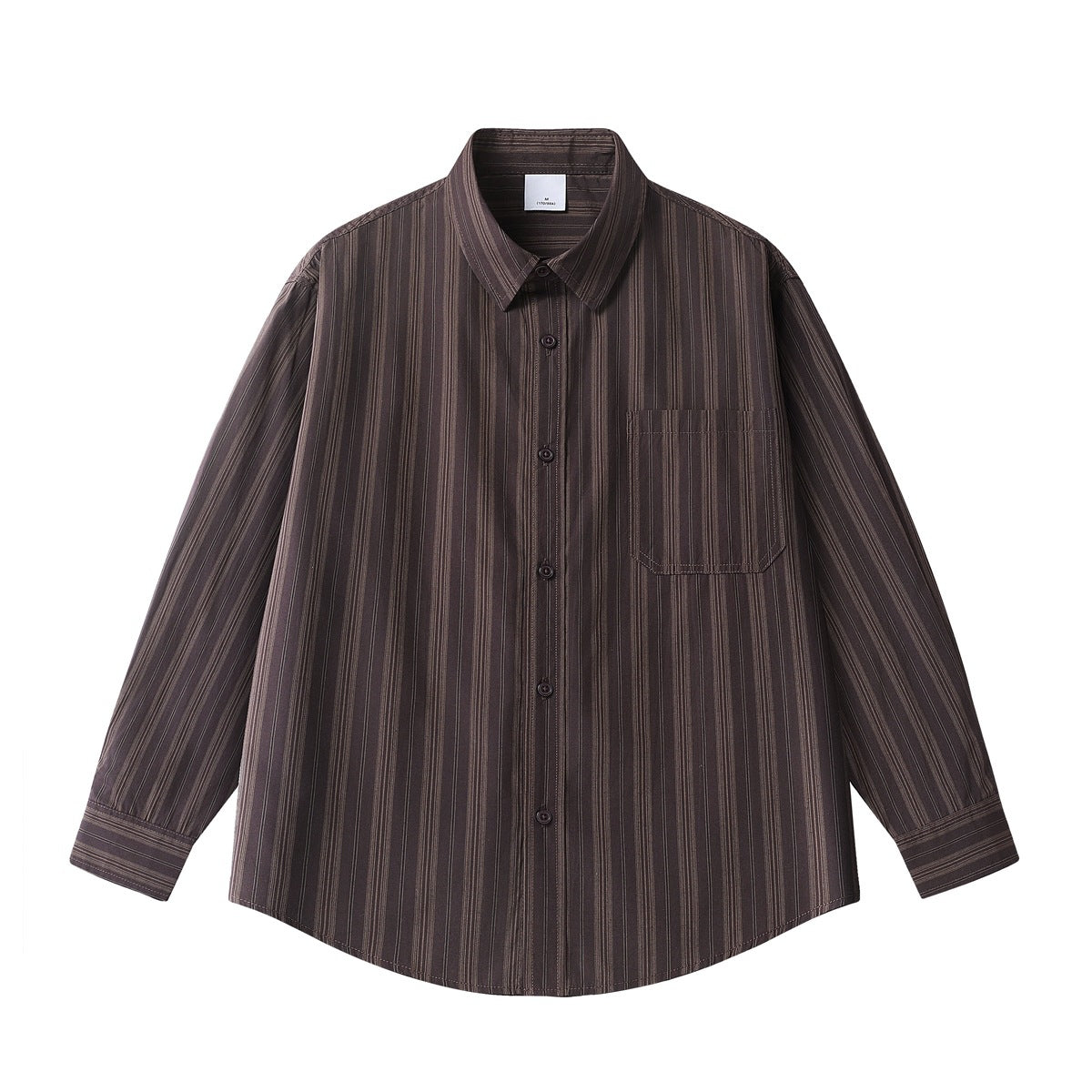 Coffee brown vertical striped long-sleeve button-up shirt with chest pocket, flat lay front view