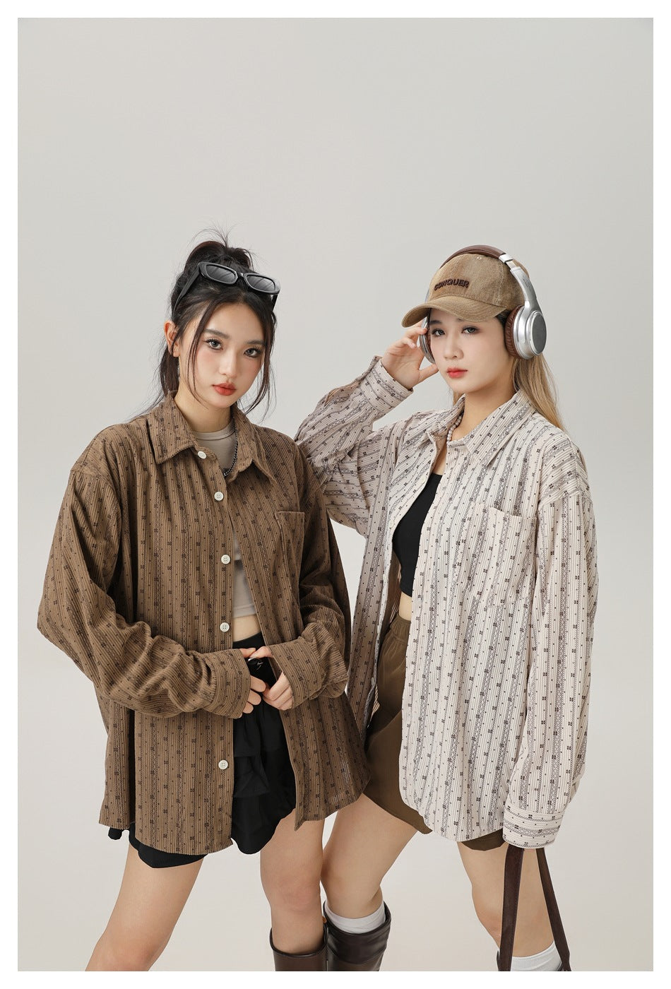 Two models show brown and light beige oversized patterned button-up shirts from the front.