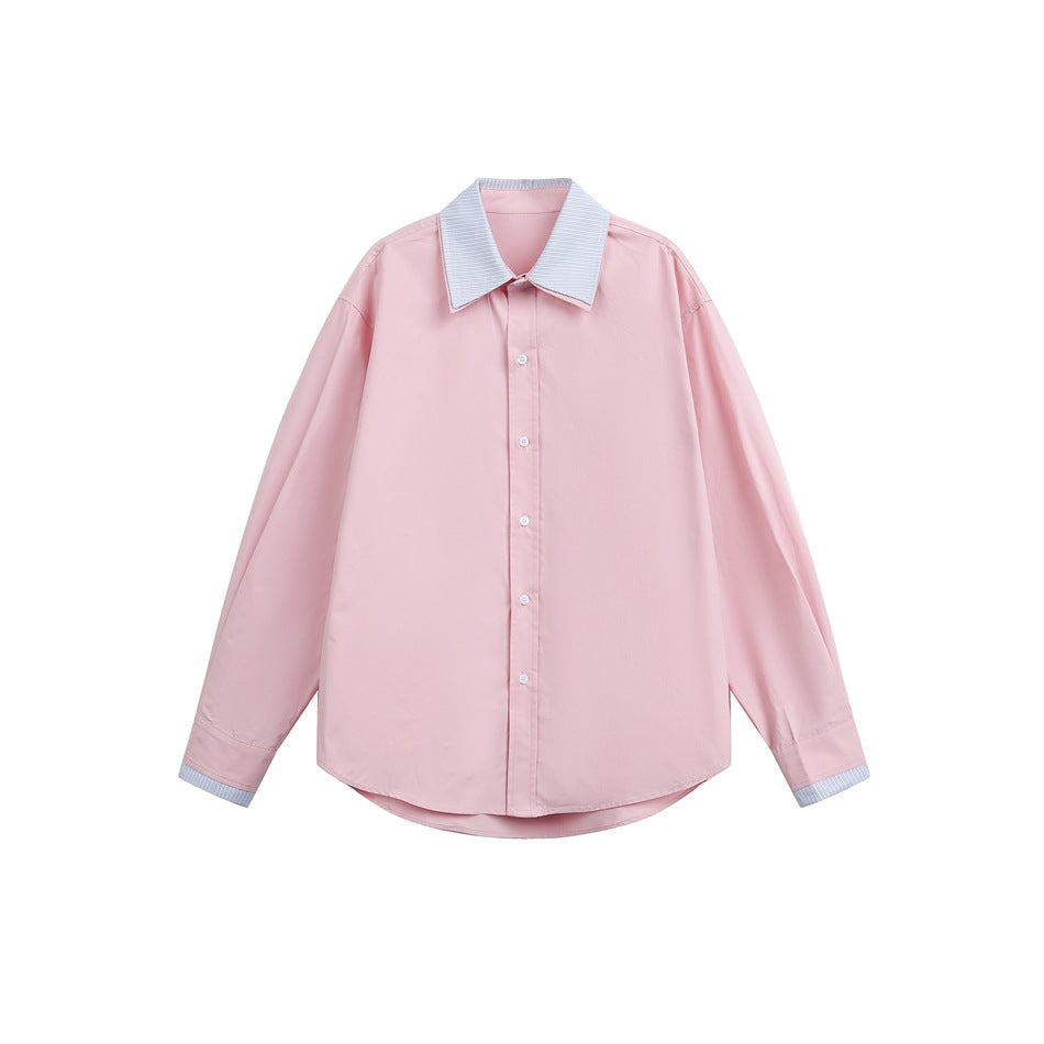 Pink long-sleeve button-up shirt with striped double-layer collar and striped cuff trim, flat lay front view