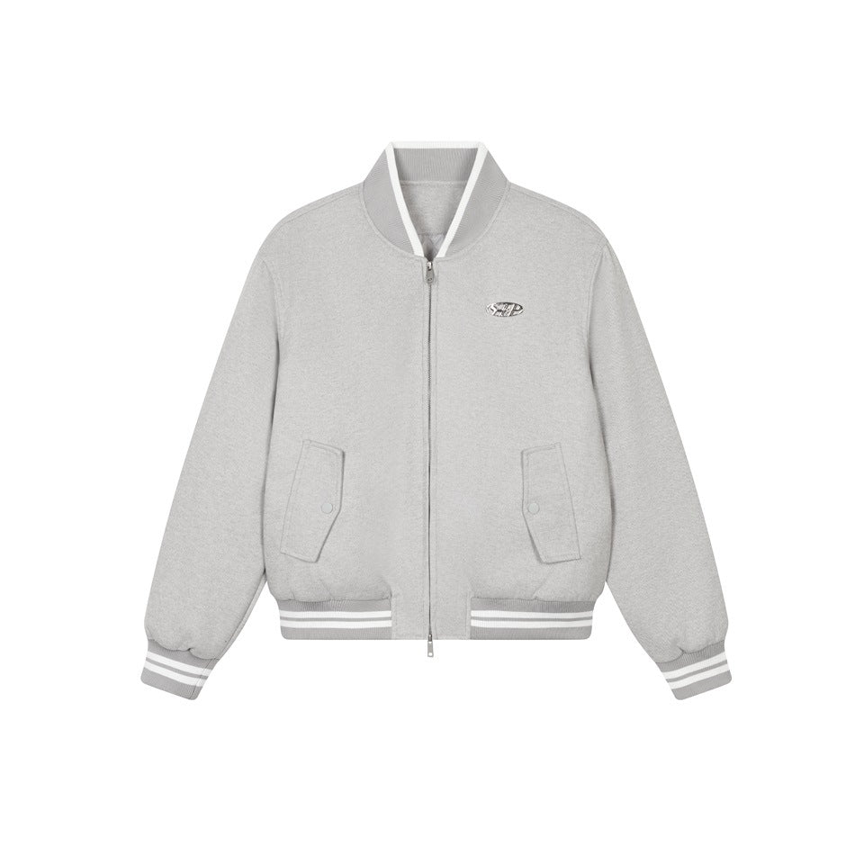Heather gray zip-front bomber jacket with white-striped ribbed collar, cuffs and hem, flap pockets and a metal emblem