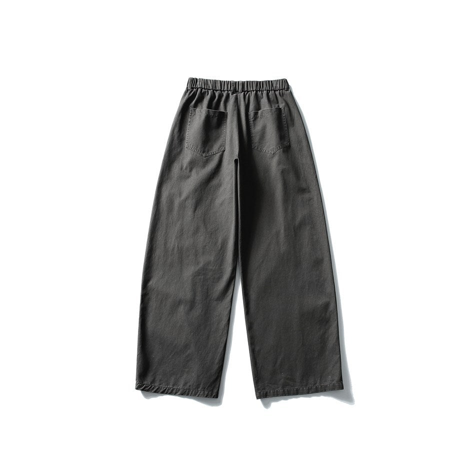 Dark gray wide-leg pants laid flat, back view, with elastic waistband and two patch back pockets
