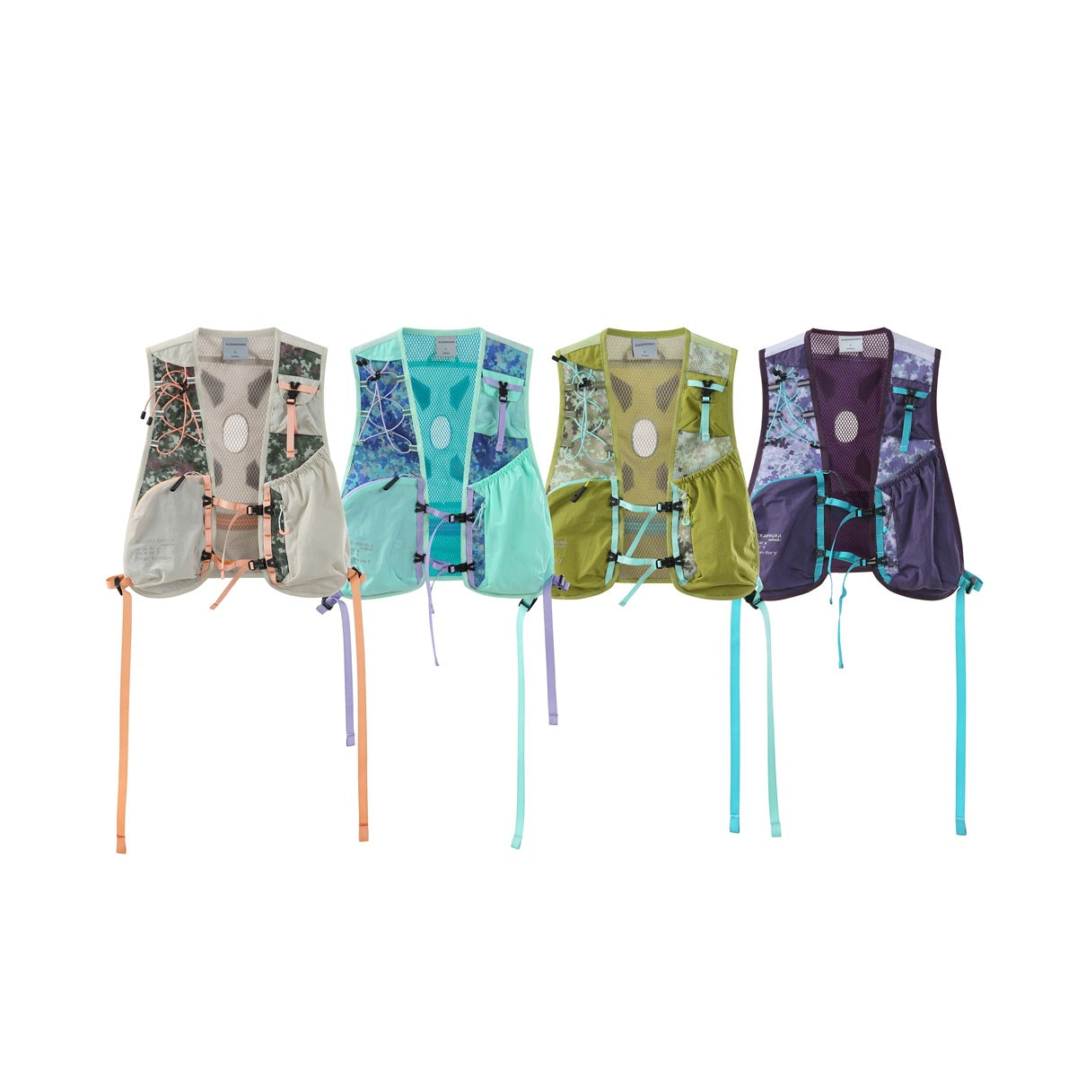 Four running vests displayed side by side in cream, turquoise, lime green, and purple colorways.