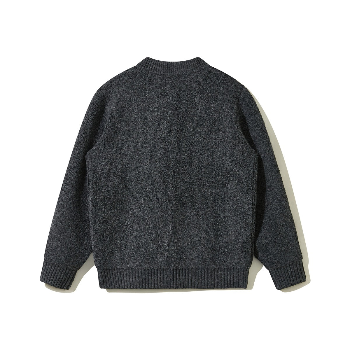 Back view of a charcoal knit cardigan with a ribbed collar, cuffs, and hem.