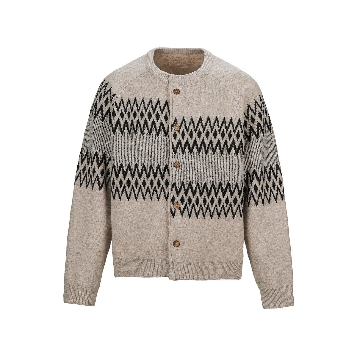 Khaki beige crew-neck button cardigan with black zigzag diamond jacquard bands, flat front view