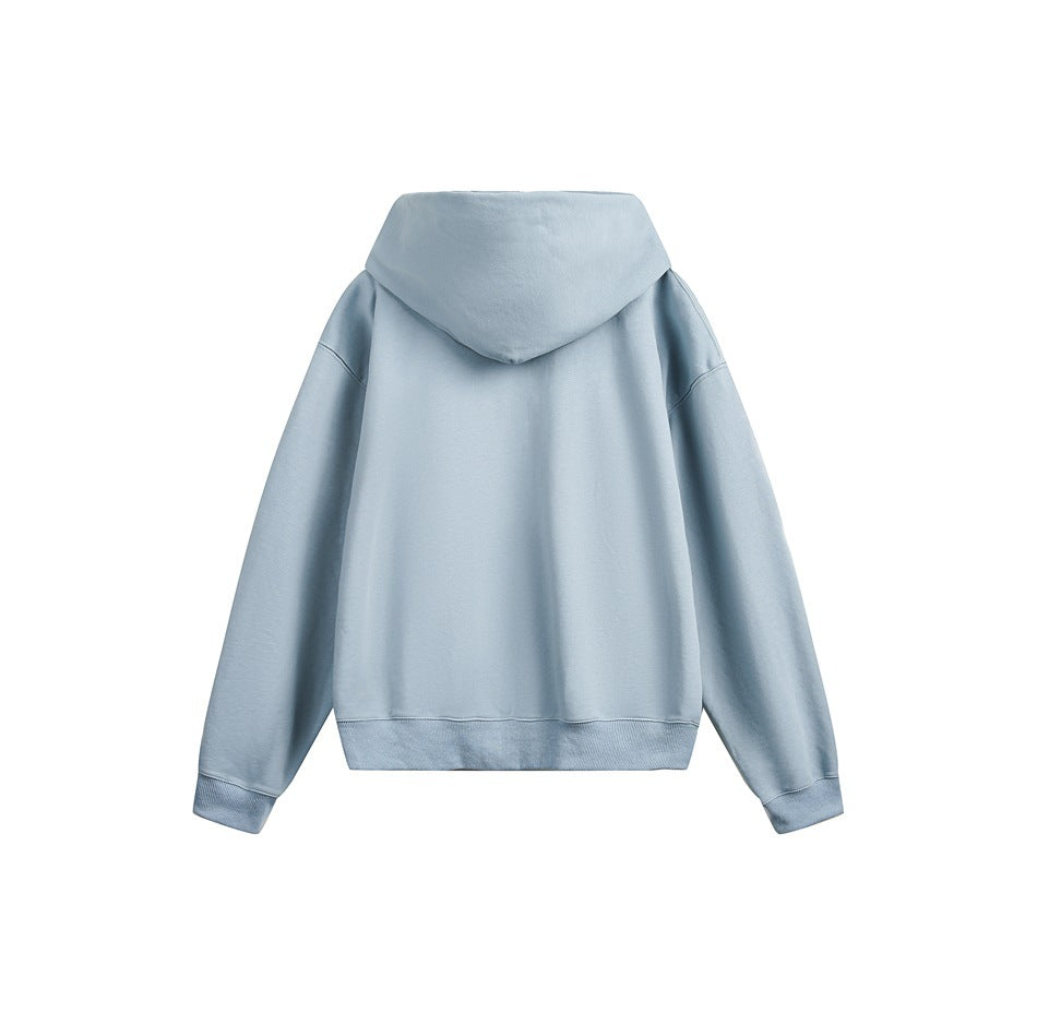 Back view of a light blue hooded sweatshirt with long sleeves, ribbed cuffs and hem, shown flat on white.
