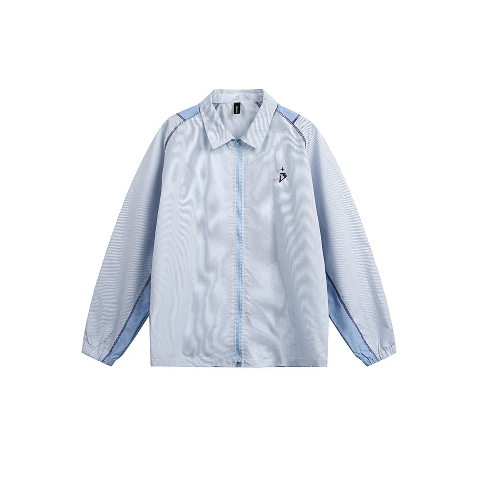 Light blue striped zip-up collared jacket with blue raglan panels, contrast stitching and elastic cuffs, front view