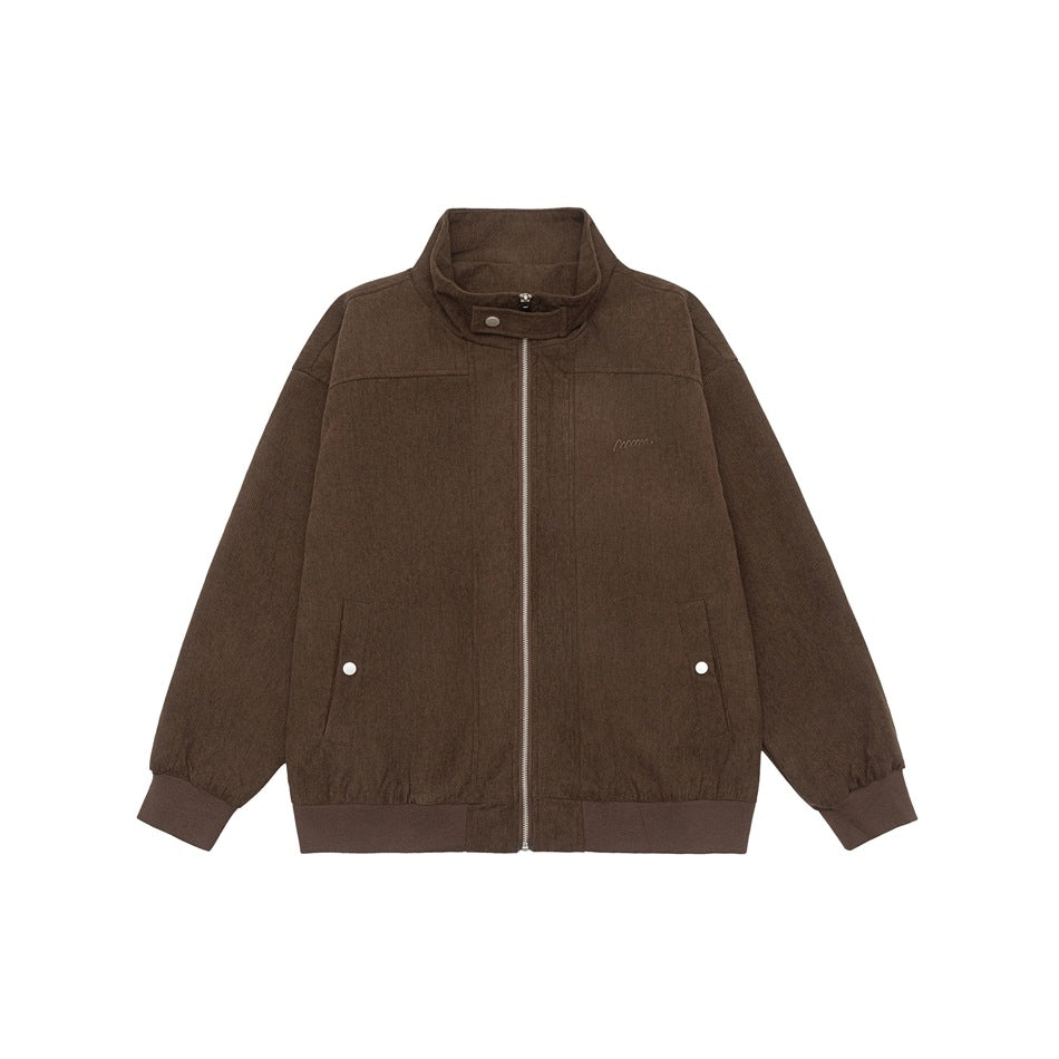 Brown stand-collar zip jacket with ribbed cuffs and hem, flat front view