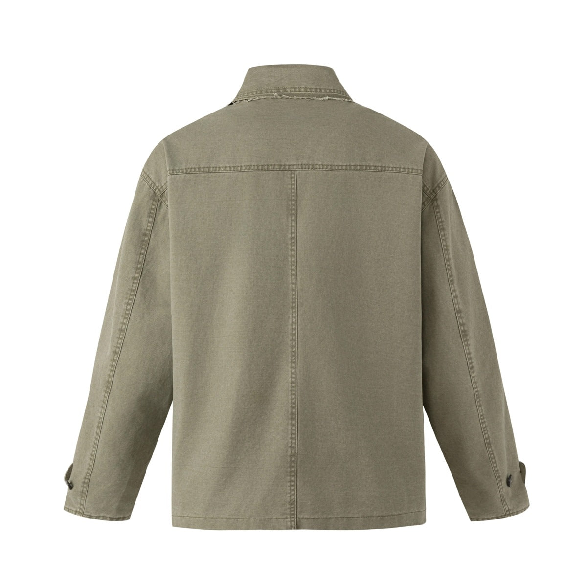 Back view of an olive-gray jacket with a pointed collar, long sleeves, seam detailing, and cuff tabs on a white background.