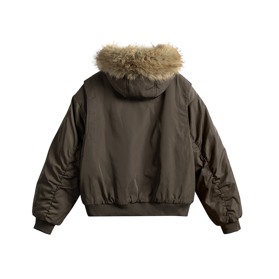 Back view of coffee brown padded jacket with hood, fur-like trim, ribbed hem and gathered sleeve seams