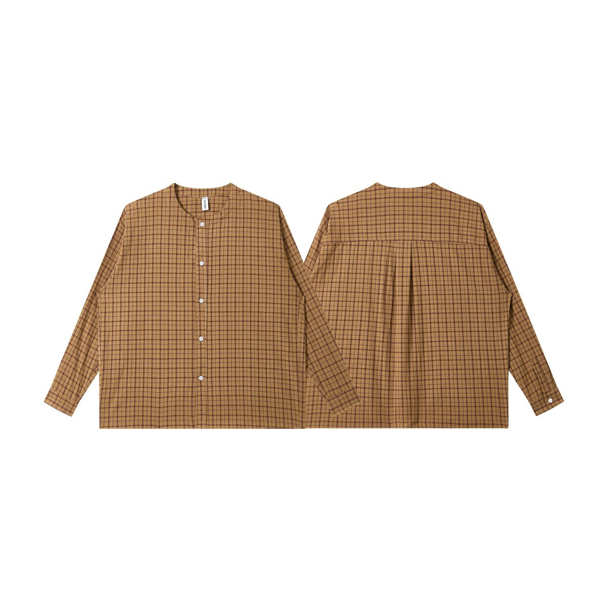 Brown plaid long-sleeve shirt shown from the front and back, with a band collar and button front.