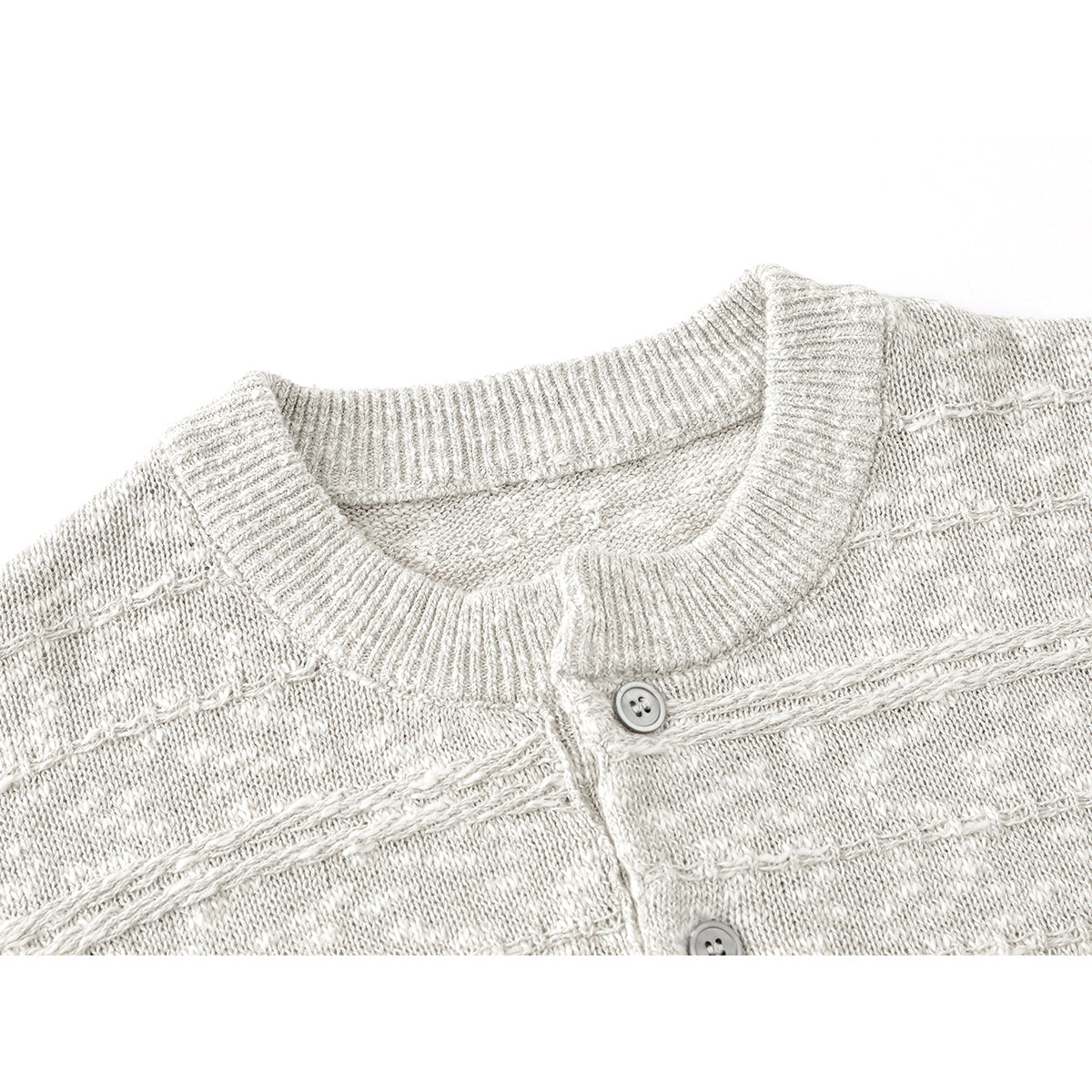 Close-up of a light gray knit cardigan's ribbed crew neckline and button placket.