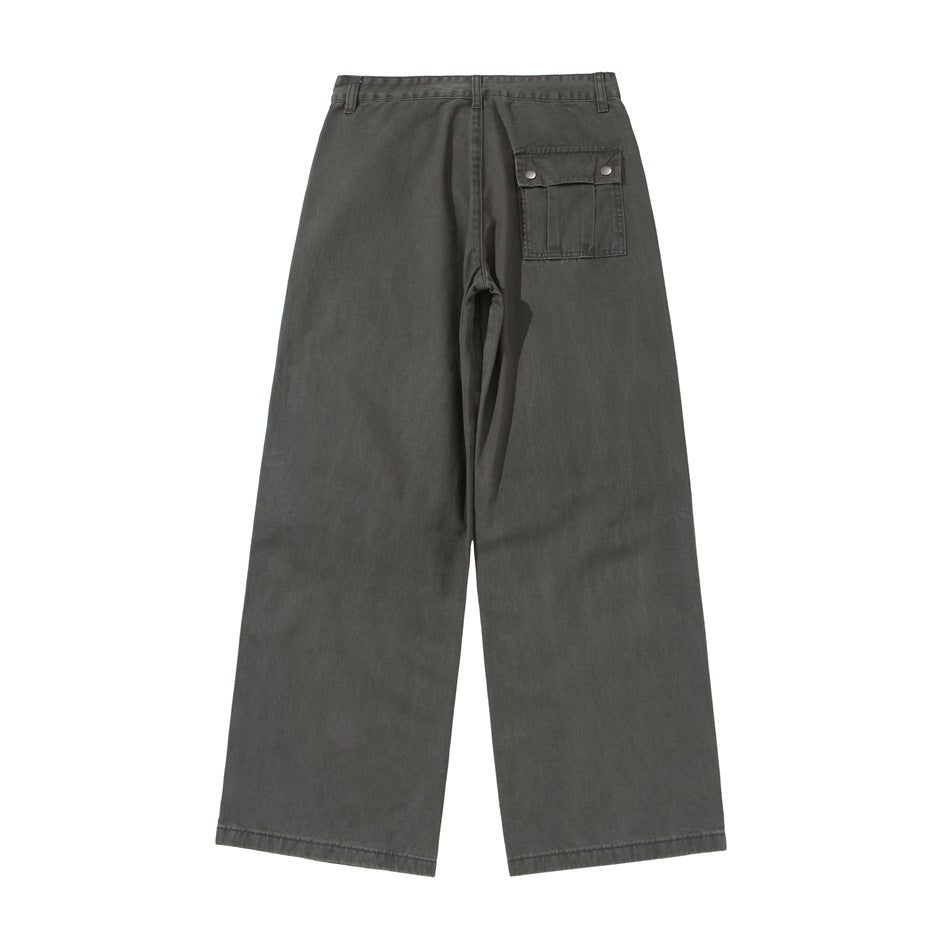 Back view of charcoal wide-leg pants with a small snap-flap cargo pocket on the right side.