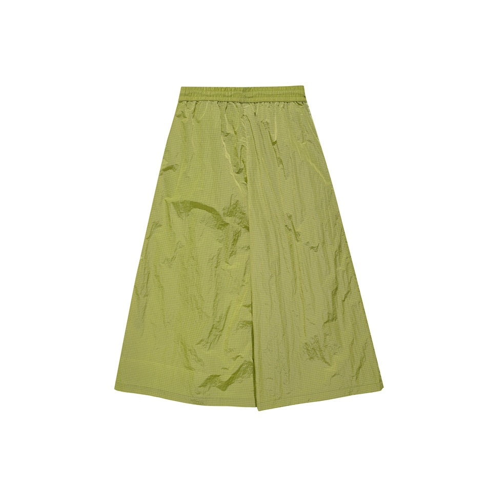 Lime green wide-leg trousers with an elastic waistband, shown flat against a white background.