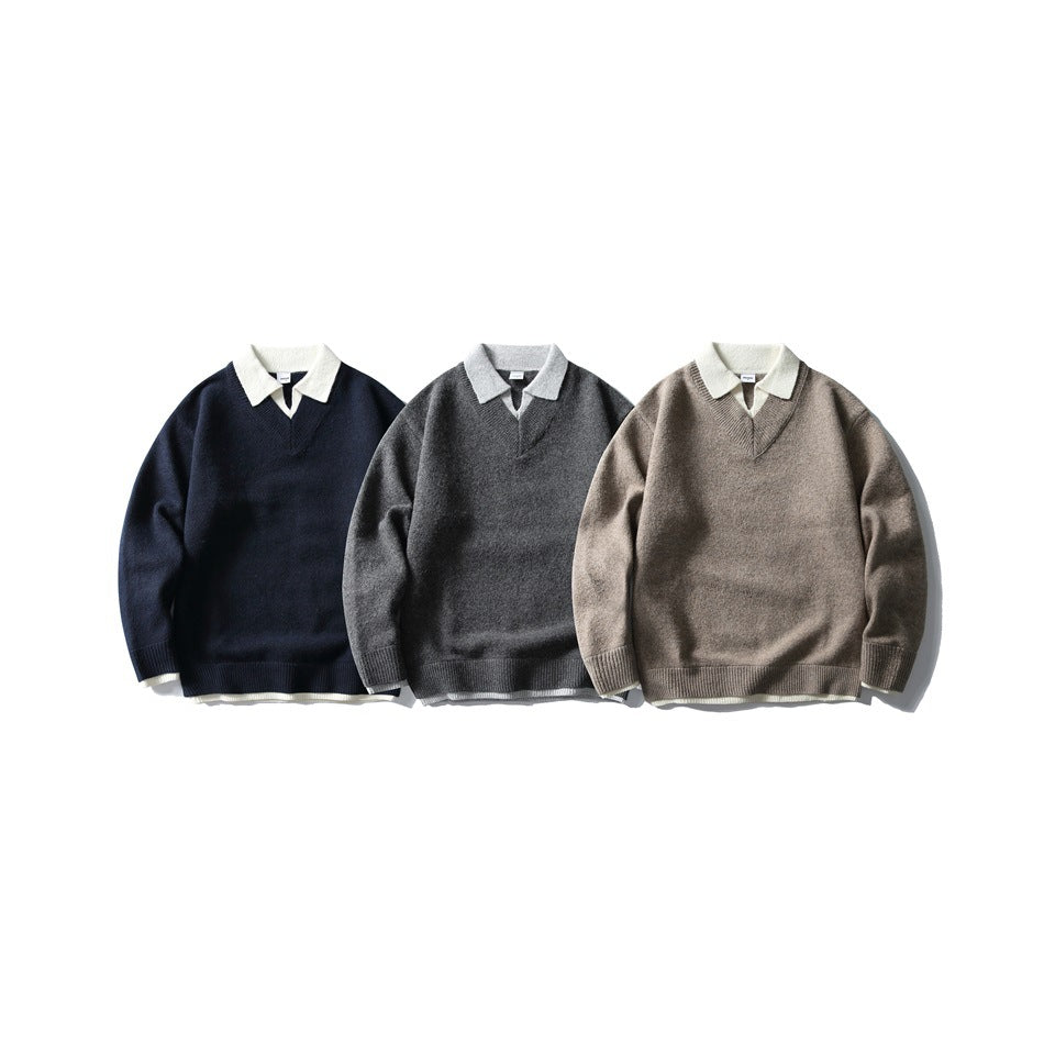 Three V-neck knit sweaters with contrast collars, shown in navy, charcoal gray, and taupe.