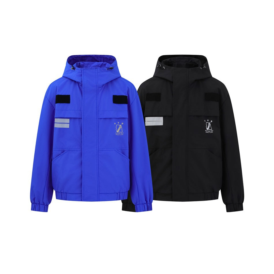 Blue and black hooded jackets side by side, front view, with chest flap pockets and reflective stripe patch