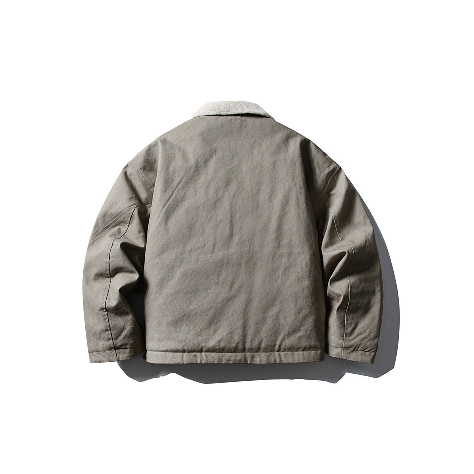 Back view of khaki jacket with cream fleece-like collar, plain back panel and shaped sleeve seams