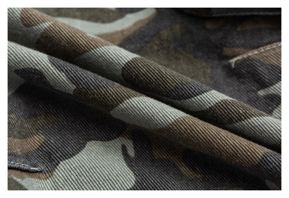 Close-up showing the folded camouflage fabric and its woven texture.