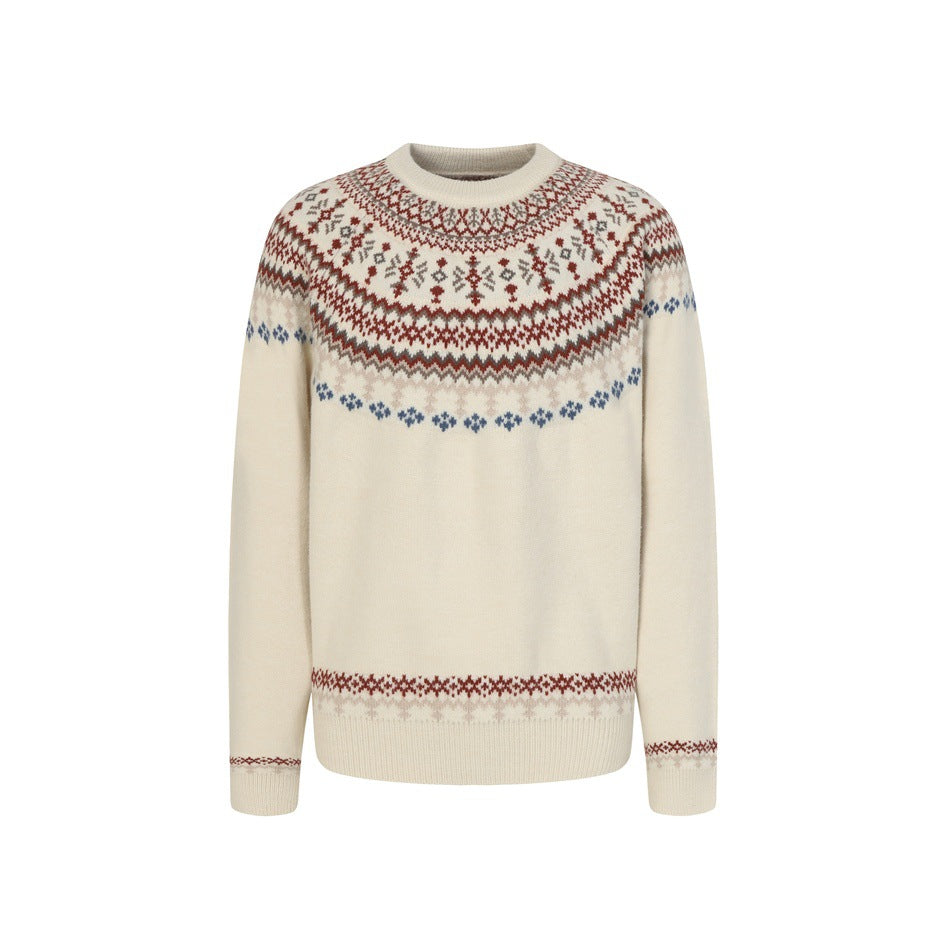 Beige crew-neck knit sweater with red, gray and blue Fair Isle patterned yoke, front view on white background