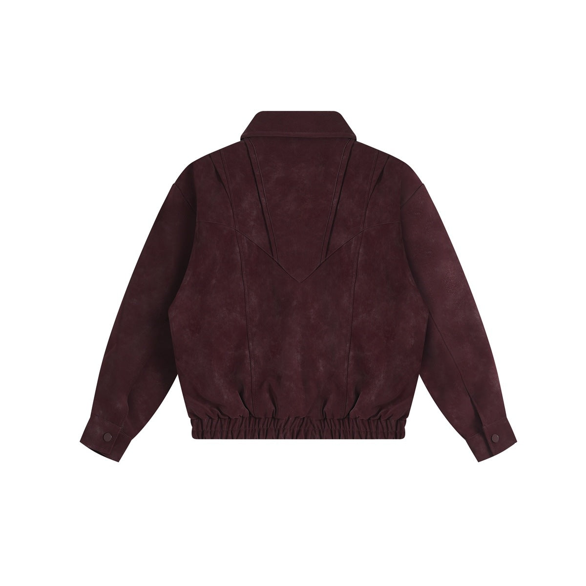 Back view of a burgundy jacket with a pointed yoke seam, long sleeves, and gathered hem.