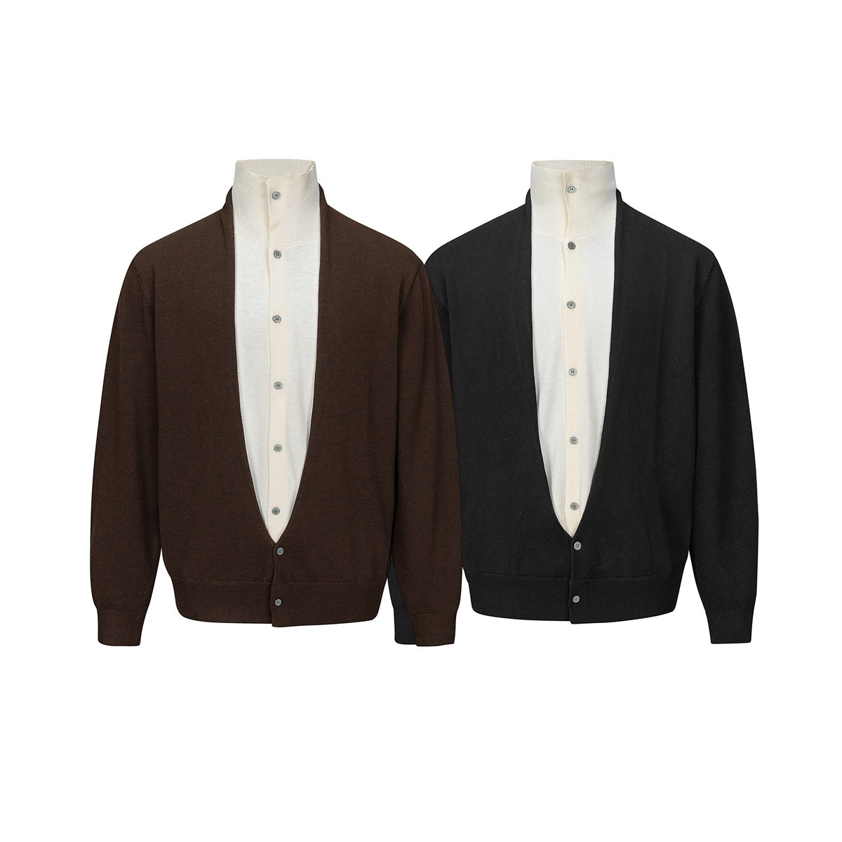 Two button-front cardigans with ivory high-neck fronts, shown in dark brown and black.