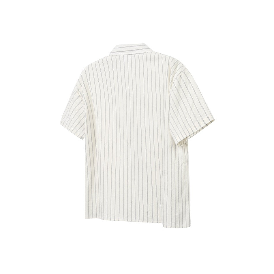 Back view of an off-white short-sleeve button-up shirt with thin vertical stripes, shown flat.