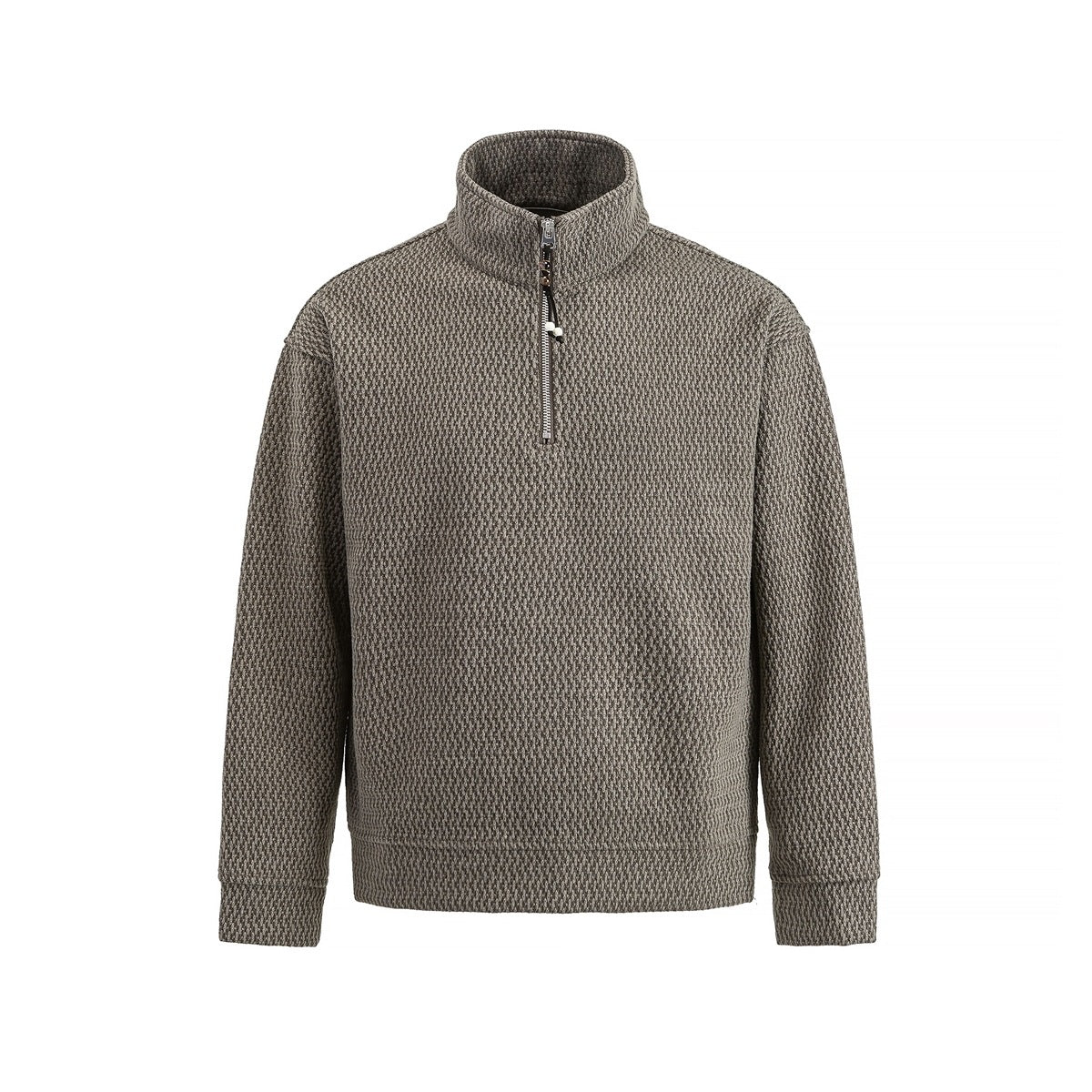 Brown textured half-zip stand-collar pullover with ribbed cuffs and hem, flat front view