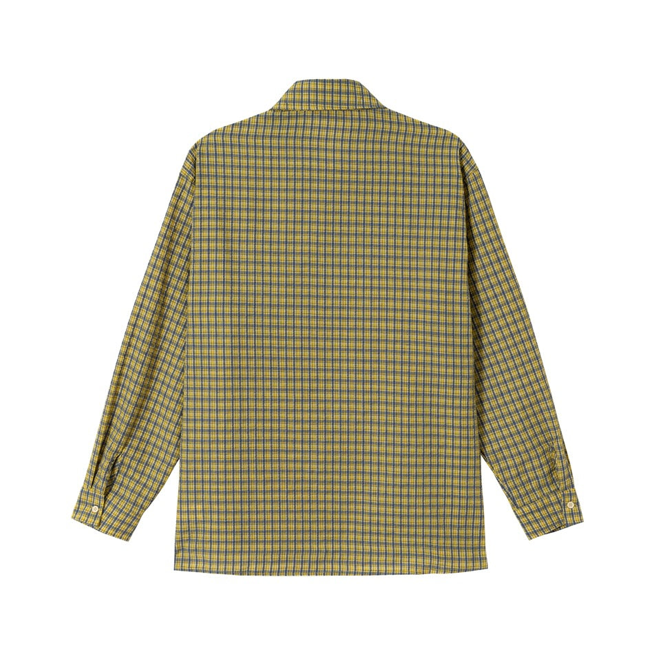 Back view of a long-sleeved yellow and blue plaid button-up shirt with a straight hem.