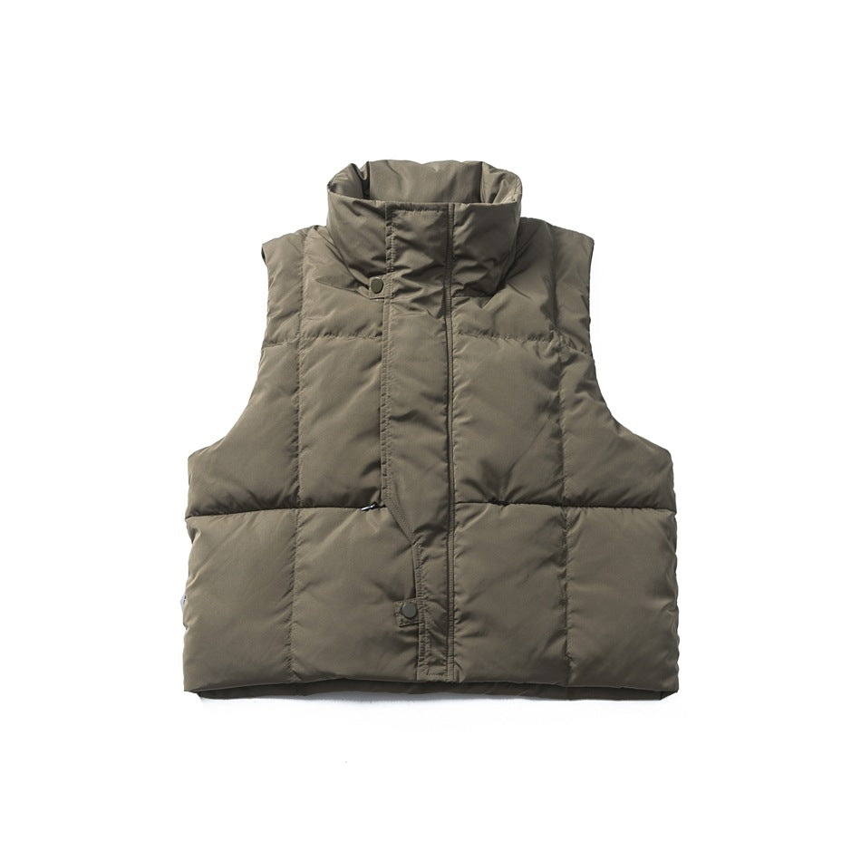Gray-green quilted sleeveless vest with stand collar and front zip placket, flat lay on white background