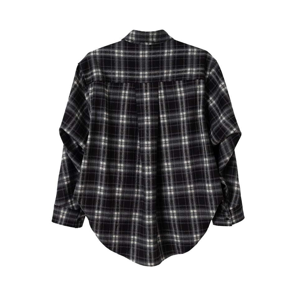Back view of a black and gray plaid button-up shirt displayed flat against a white background.