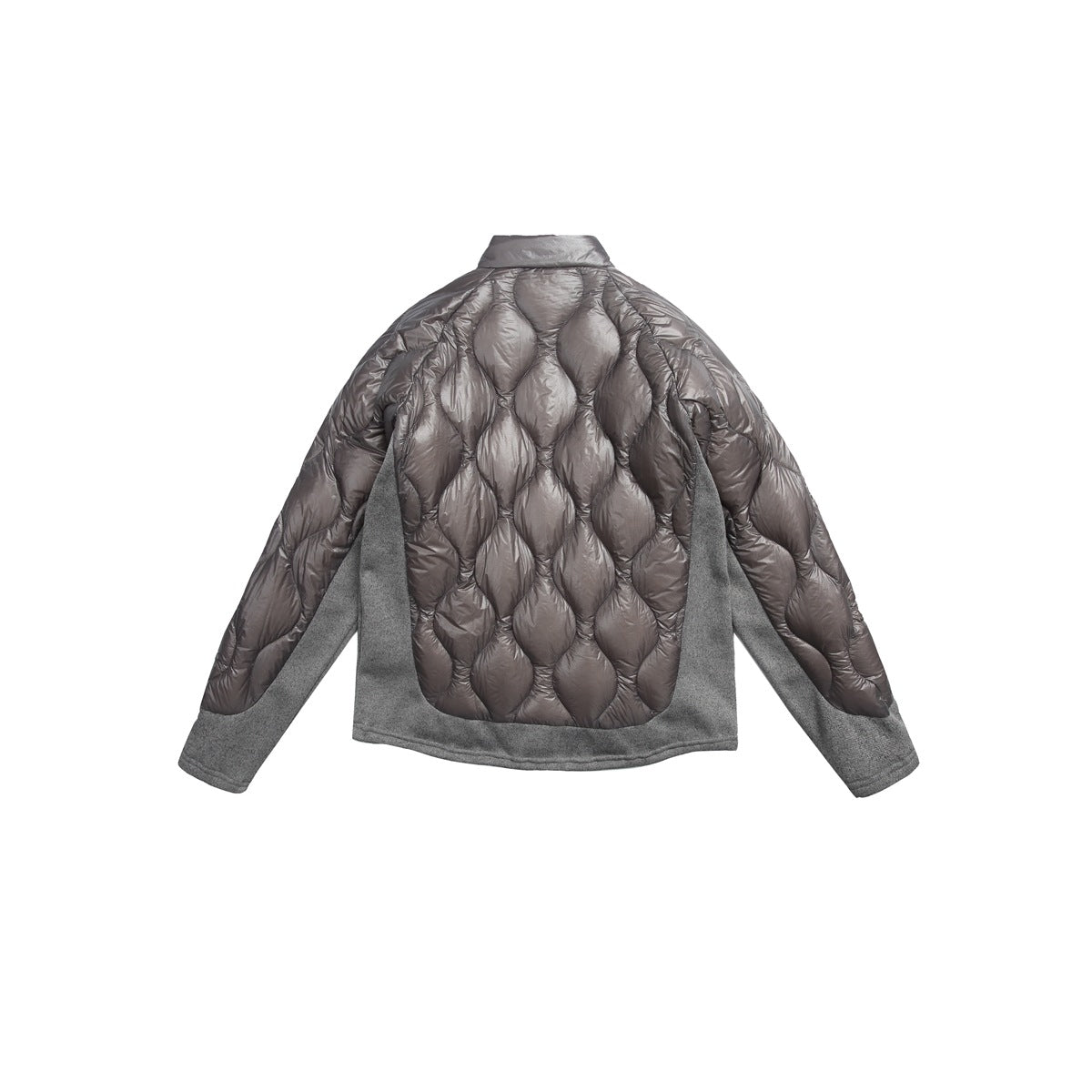 Back view of a gray jacket with a quilted padded center and sleeves, knit side panels, and a short stand collar.